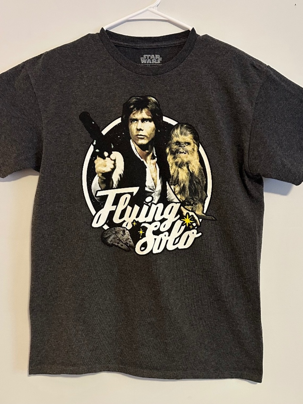 Star Wars Flying Solo Chewie Graphic Print T-Shirt Medium Gray Y2K Short Sleeve